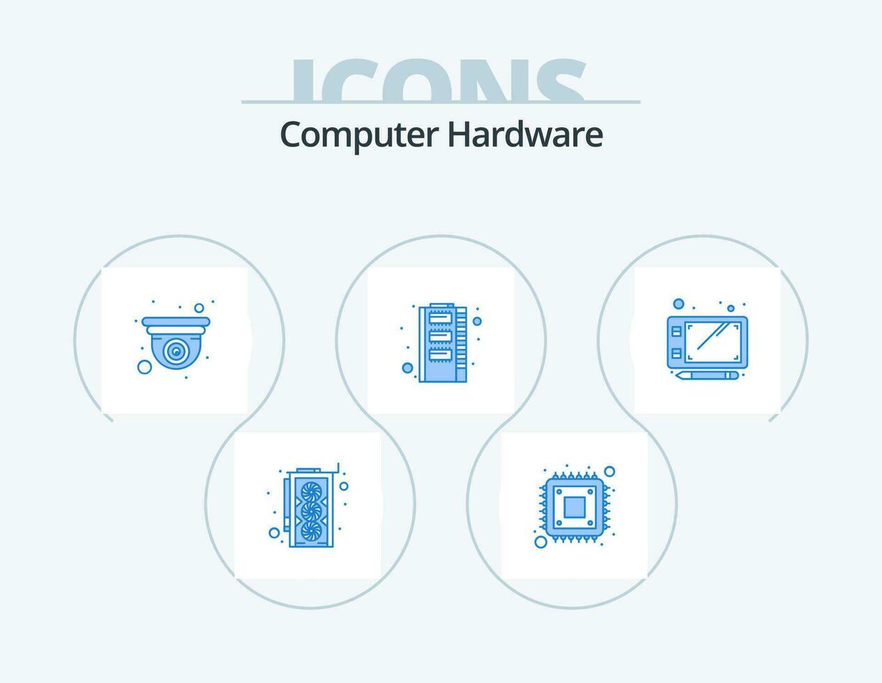 computadora hardware azul icono paquete 5 5 icono diseño. tableta. bolígrafo. cámara. almacenamiento. memoria vector