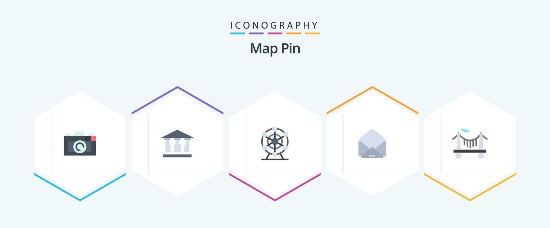 mapa alfiler 25 plano icono paquete incluso . la carretera. rueda. río. puente vector