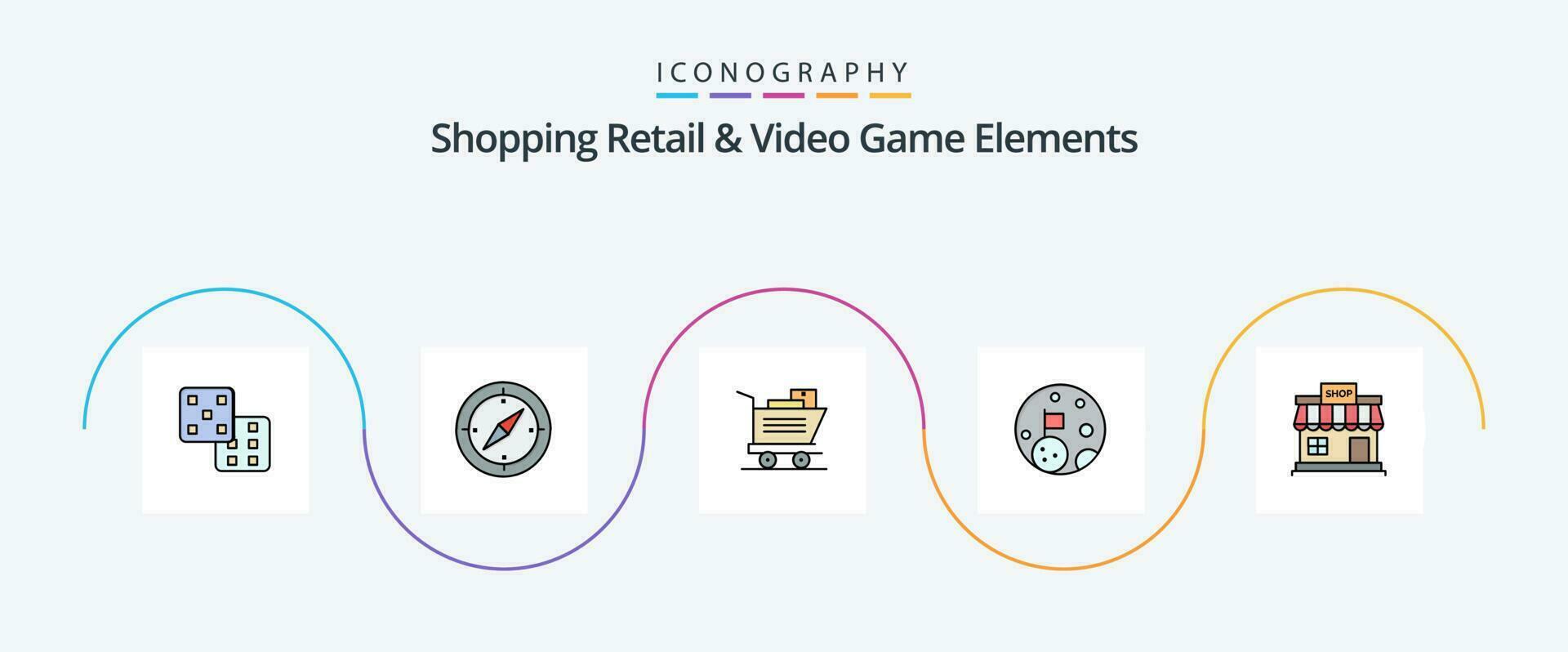 Shoping Retail And Video Game Elements Line Filled Flat 5 Icon Pack Including store. store. shopping. shop. space vector