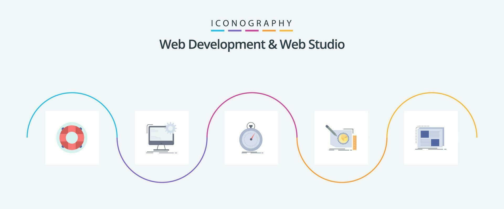 Web Development And Web Studio Flat 5 Icon Pack Including frame. content. site. sport. optimization vector