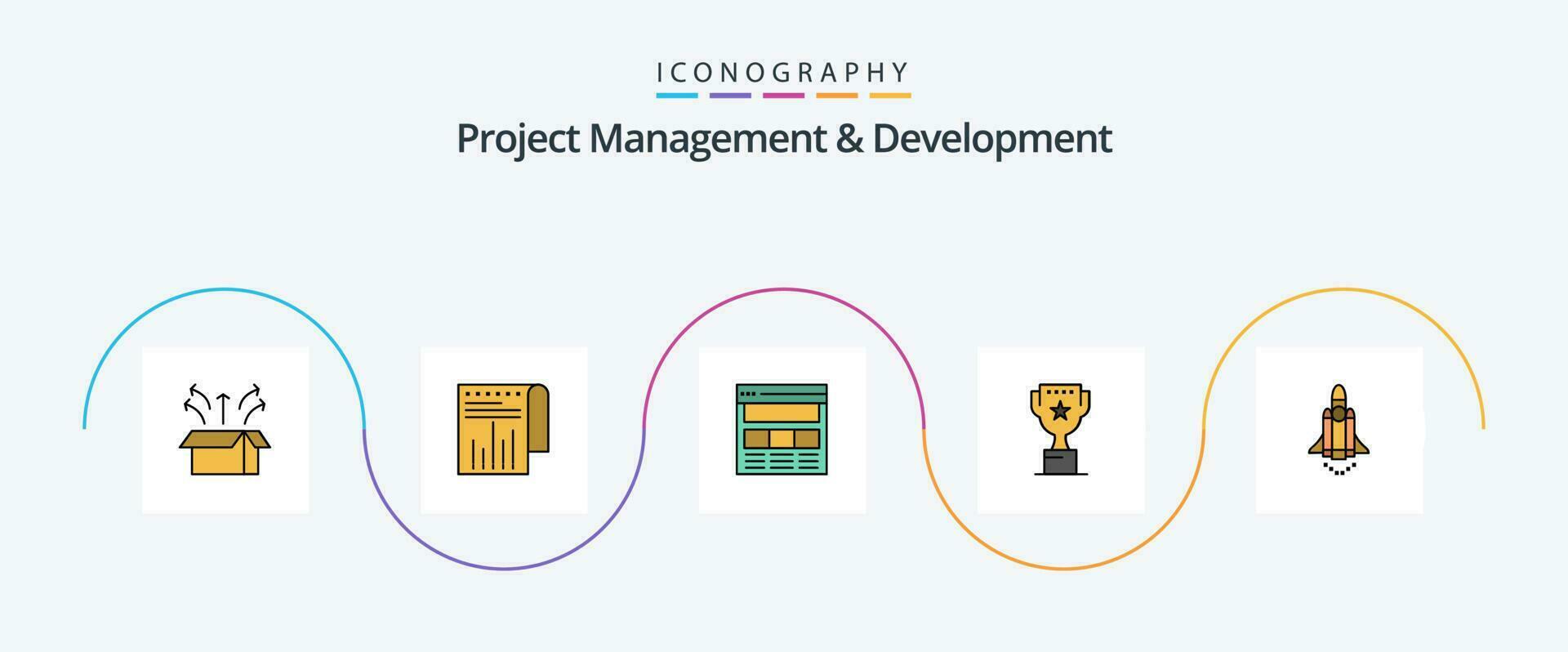 Project Management And Development Line Filled Flat 5 Icon Pack Including reward. top. report. award. web vector