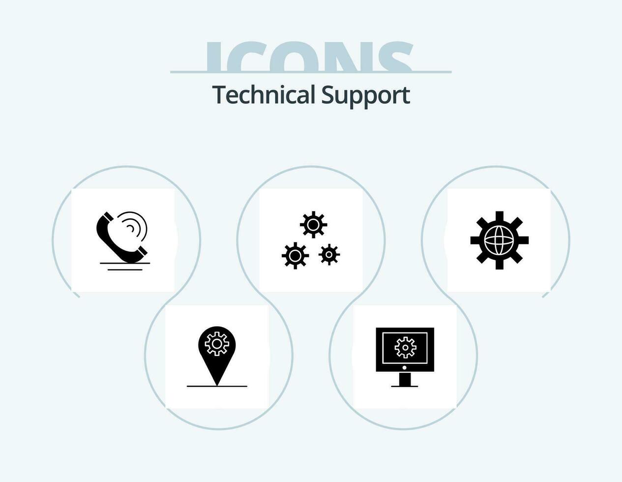Technical Support Glyph Icon Pack 5 Icon Design. globe. service. call. preferences. configuration vector