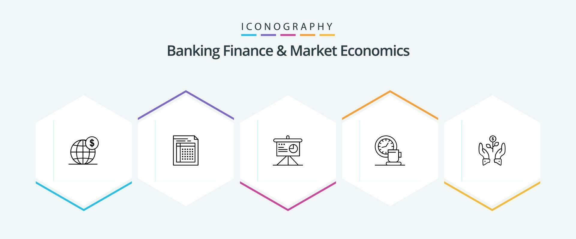 Banking Finance And Market Economics 25 Line icon pack including coffee. board. file. analytics. sheet vector