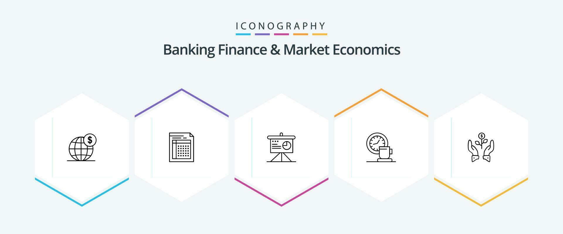 bancario Finanzas y mercado ciencias económicas 25 línea icono paquete incluso café. tablero. archivo. analítica. sábana vector