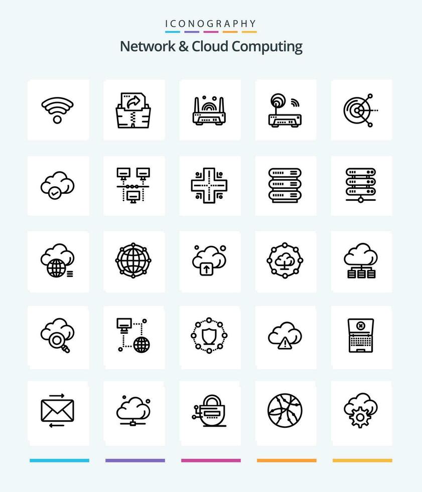 Creative Network And Cloud Computing 25 OutLine icon pack  Such As technology. safe. router. cloud. disk vector