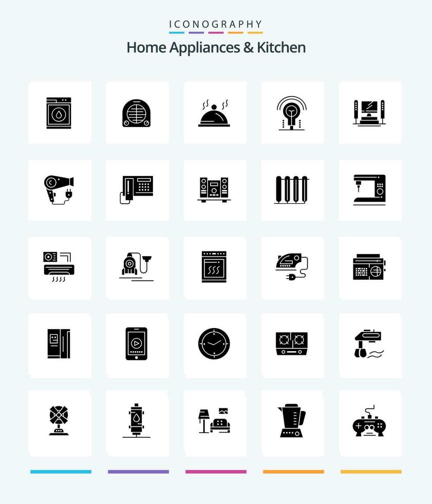 creativo hogar accesorios y cocina 25 glifo sólido negro icono paquete tal como cocina. servicio calefacción. palat. hotel vector