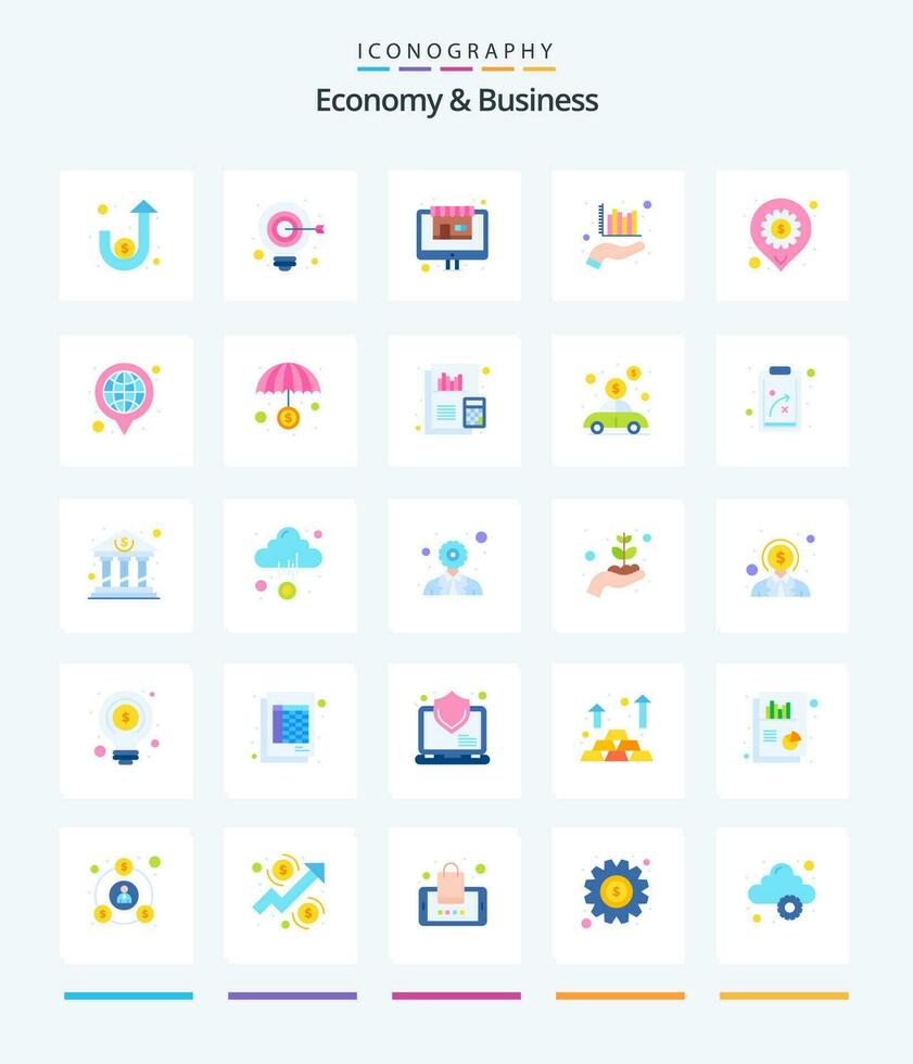 Creative Economy And Business 25 Flat icon pack  Such As development. hand. market. data. analysis vector