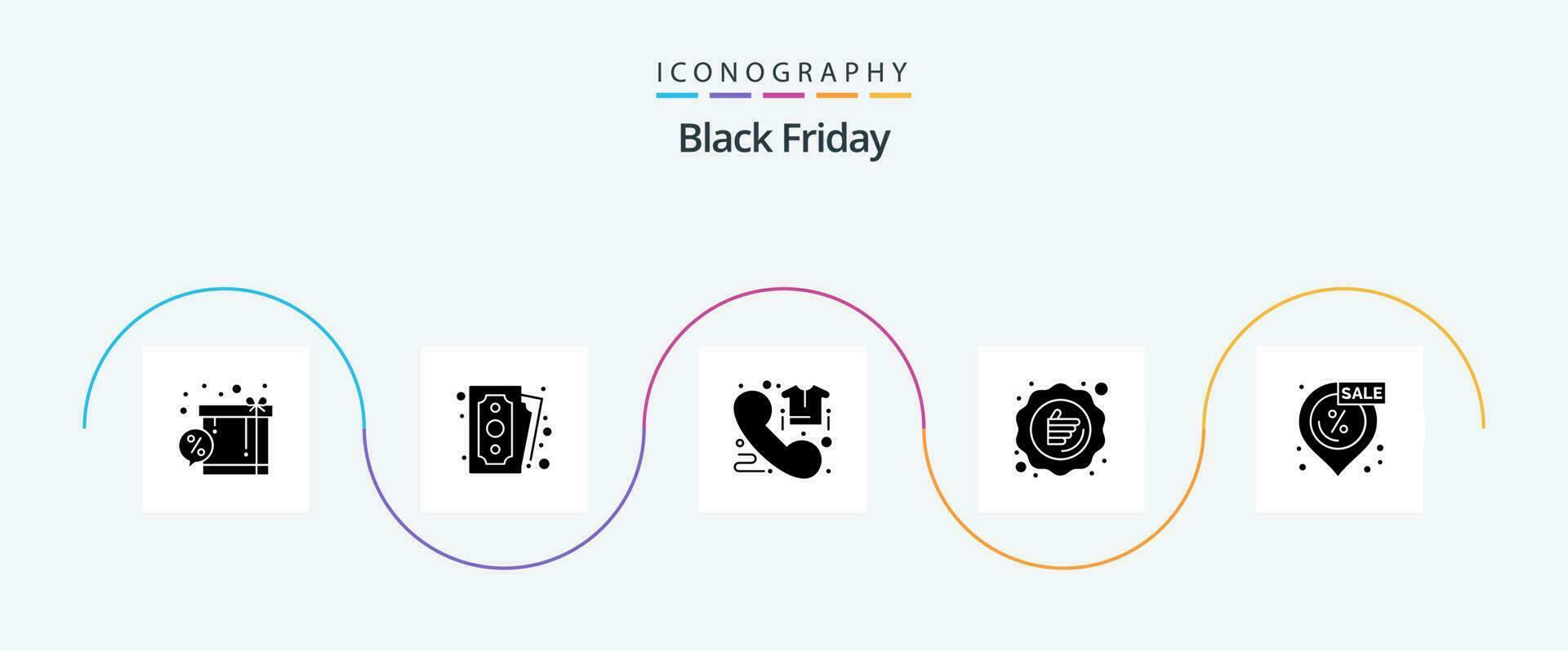 Black Friday Glyph 5 Icon Pack Including sale. like. call. guarantee. phone vector
