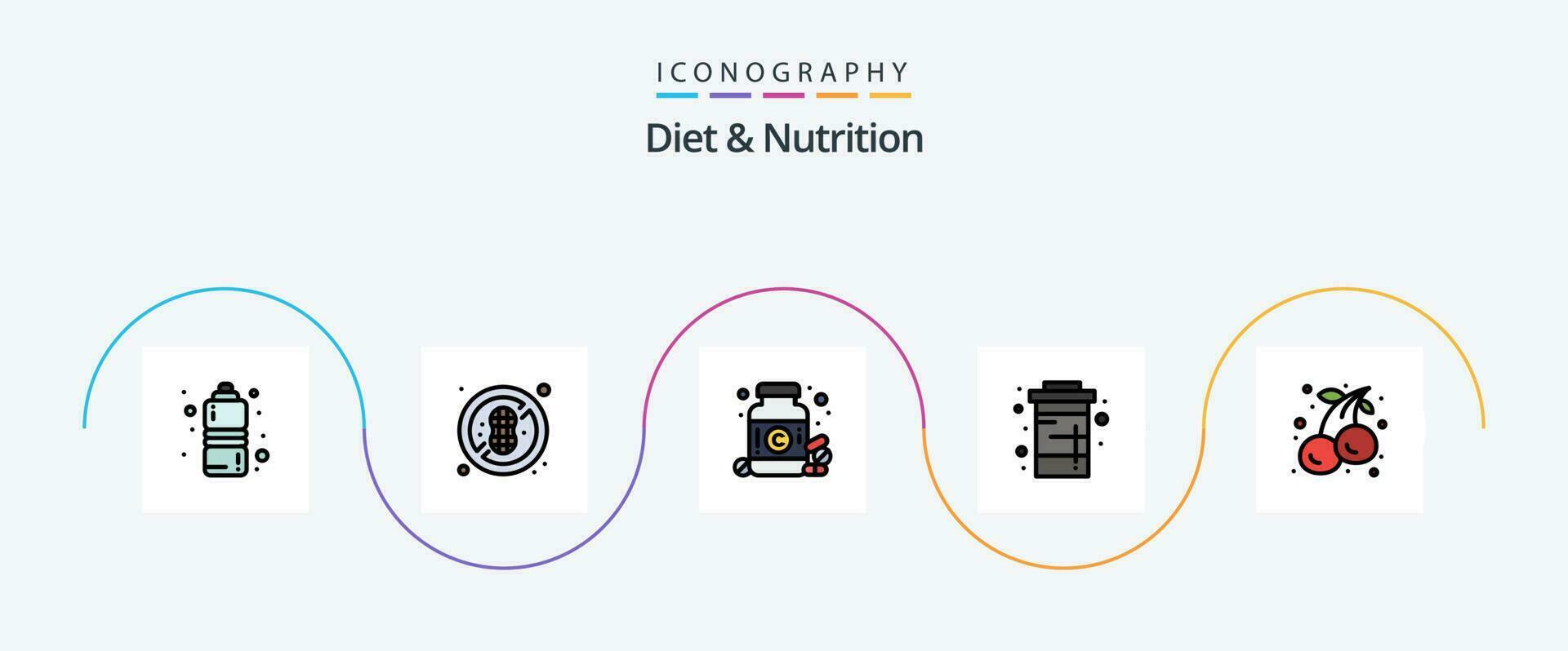 dieta y nutrición línea lleno plano 5 5 icono paquete incluso cereza. agua. droga. soda. dieta vector