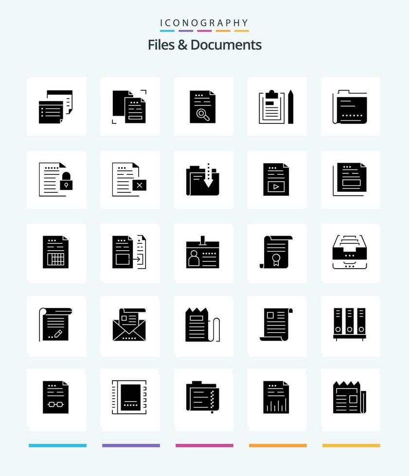 Creative Files And Documents 25 Glyph Solid Black icon pack  Such As file. clipboard. document. find. document vector