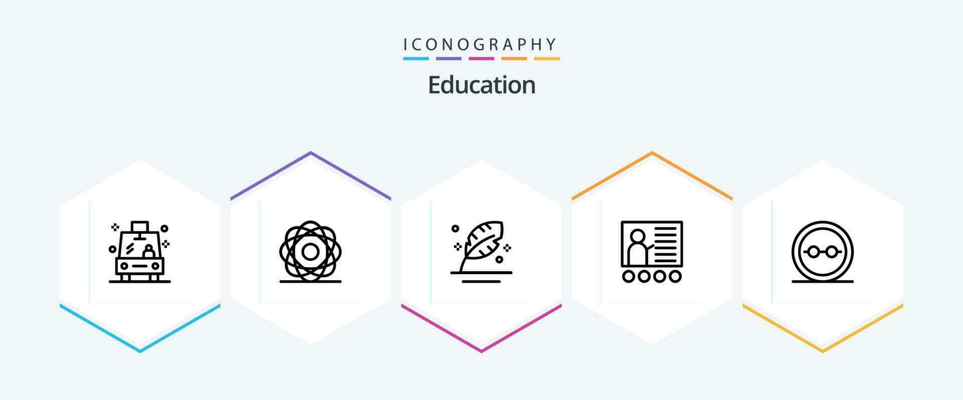 Education 25 Line icon pack including presentation. conference. physics. blackboard. quill vector