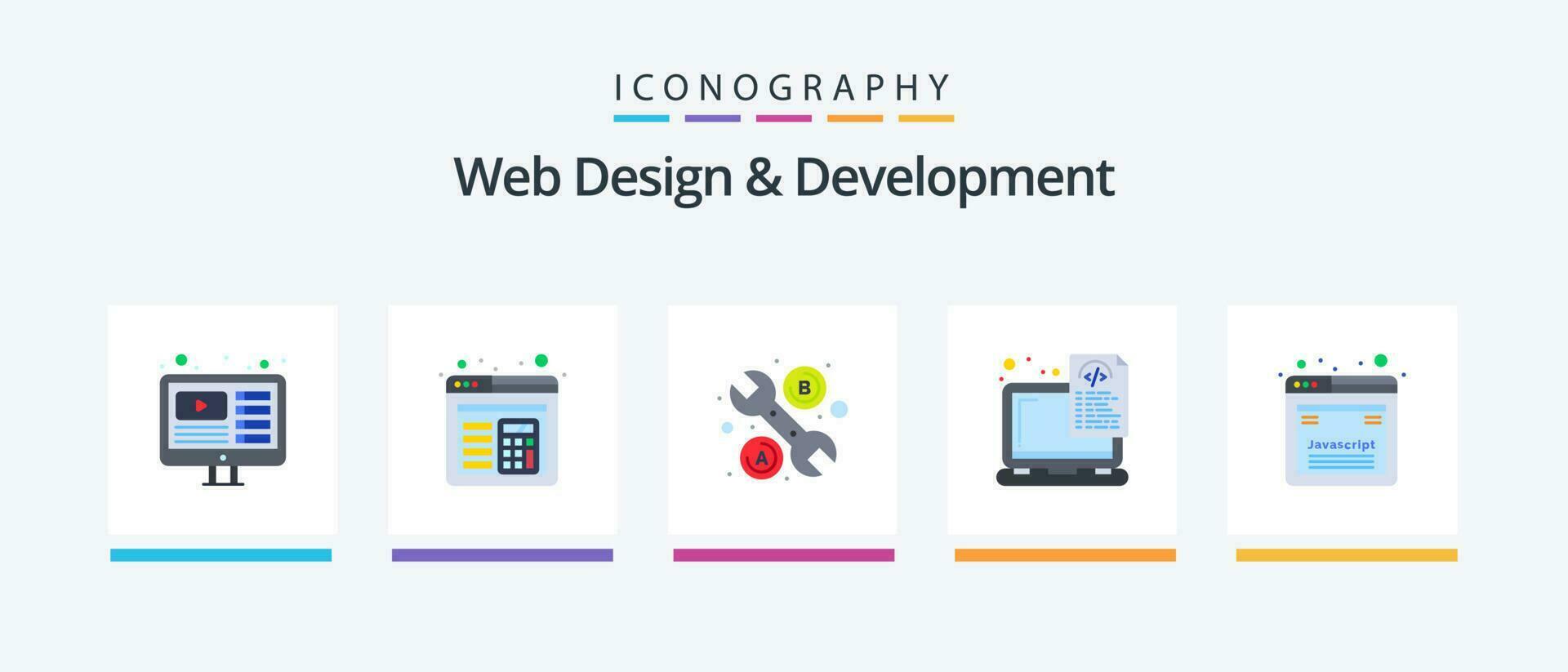 Web Design And Development Flat 5 Icon Pack Including javascript. design. tool. coding. files. Creative Icons Design vector