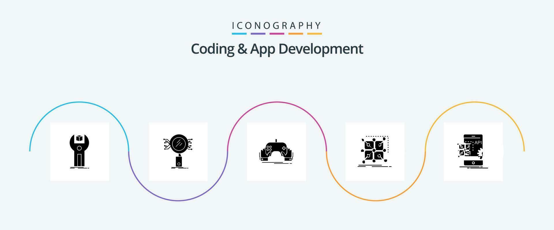 Coding And App Development Glyph 5 Icon Pack Including framework. research. app. mobile vector