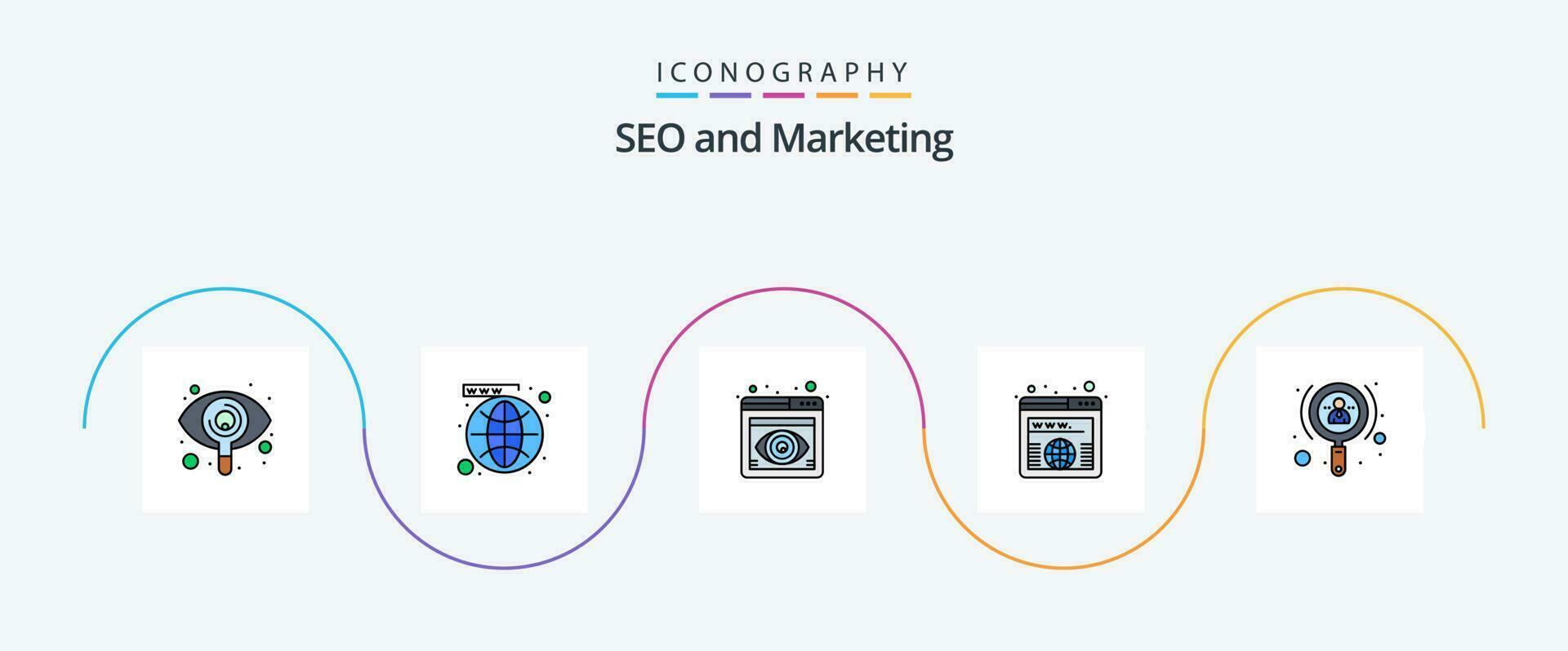 Seo Line Filled Flat 5 Icon Pack Including growth. url. worldwide. domain. browser vector