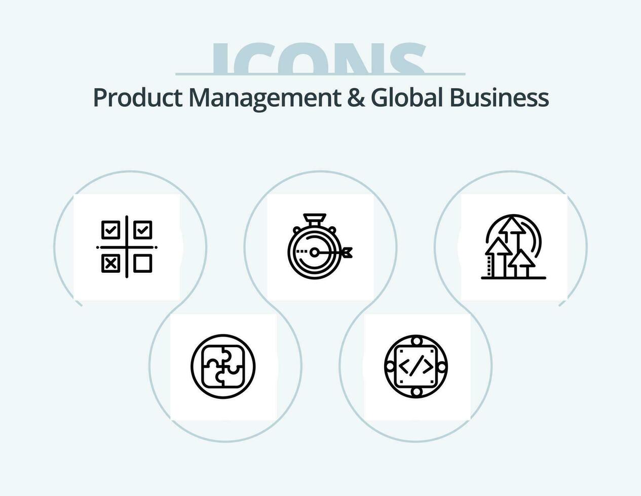 Product Managment And Global Business Line Icon Pack 5 Icon Design. open product. delegating. quality control. delegate. plan vector