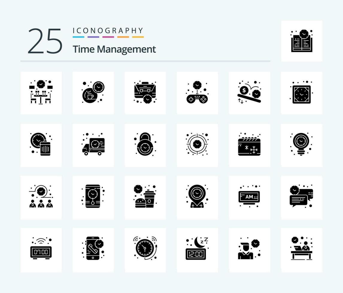 Time Management 25 Solid Glyph icon pack including deadline. solid. bag. game. time vector