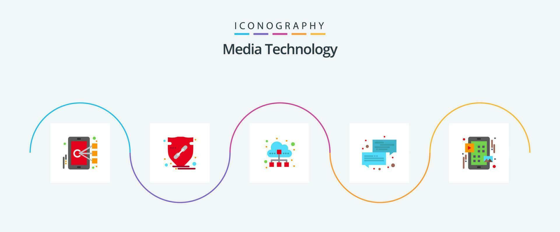 Media Technology Flat 5 Icon Pack Including message. conversation. shield. communication. data traffic vector