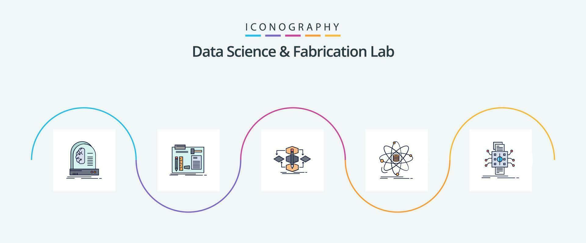 Data Science And Fabrication Lab Line Filled Flat 5 Icon Pack Including information. analysis. engineer. process. method vector