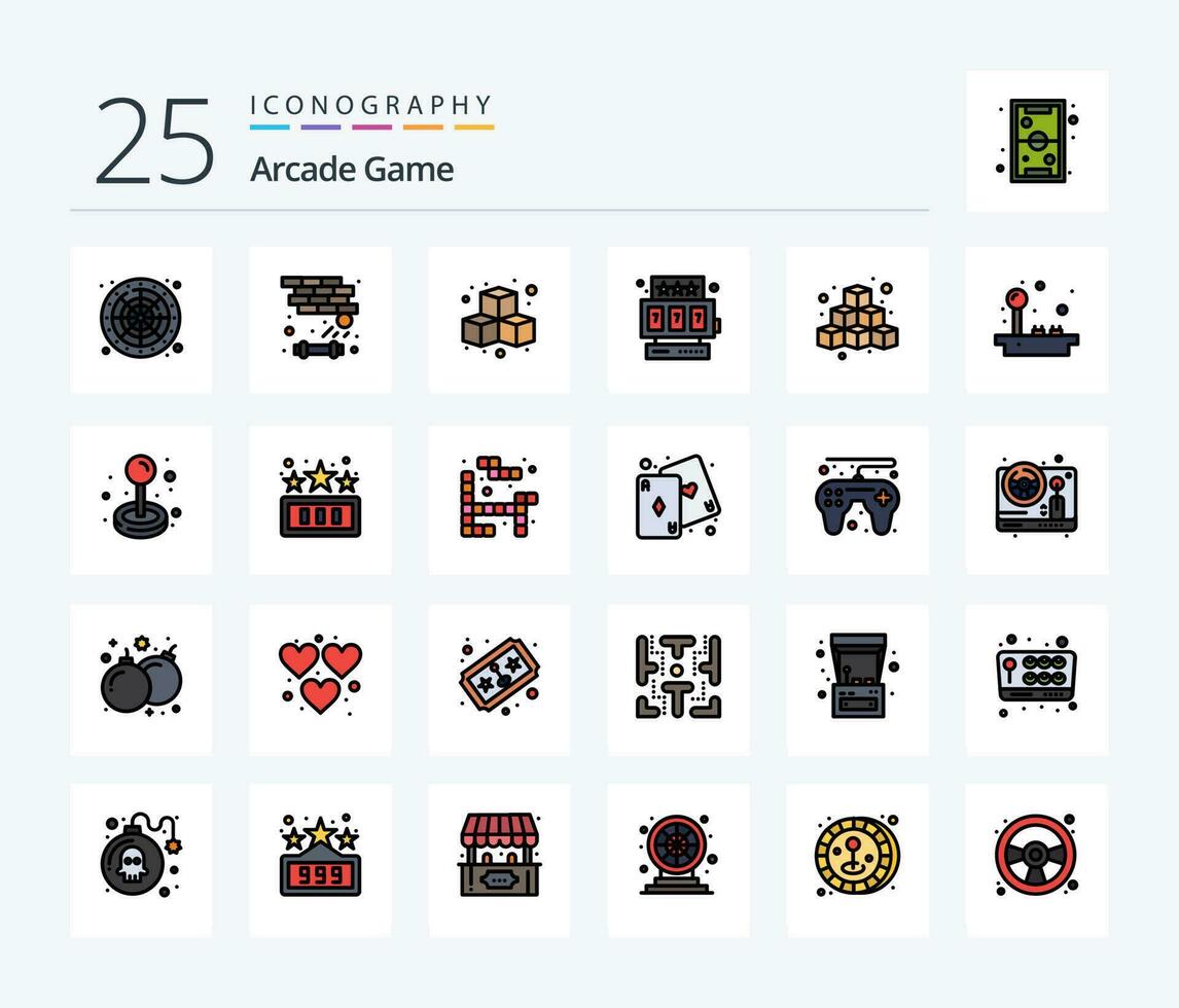 arcada 25 línea lleno icono paquete incluso divertida. cubitos. cubitos. juego. espacio máquina vector