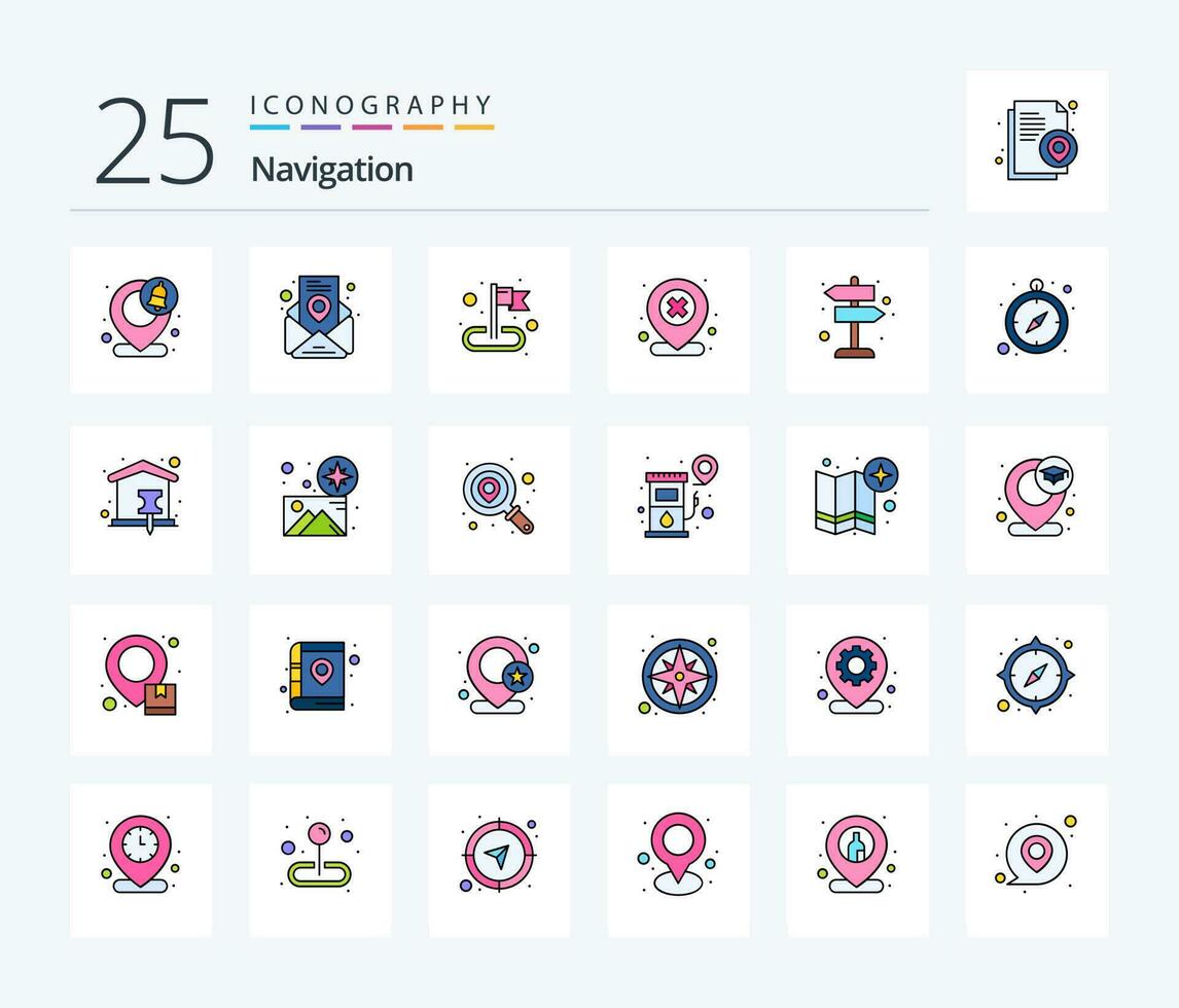 Navigation 25 Line Filled icon pack including sign. cross. destination. delete. map vector