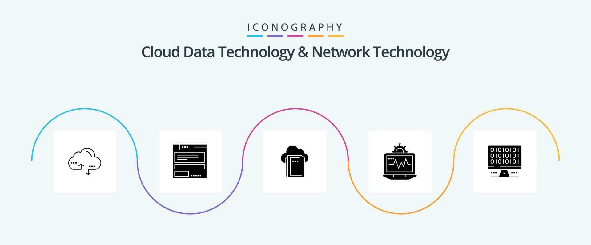 Cloud Data Technology And Network Technology Glyph 5 Icon Pack Including computer. computing. cloud. setting. laptop vector
