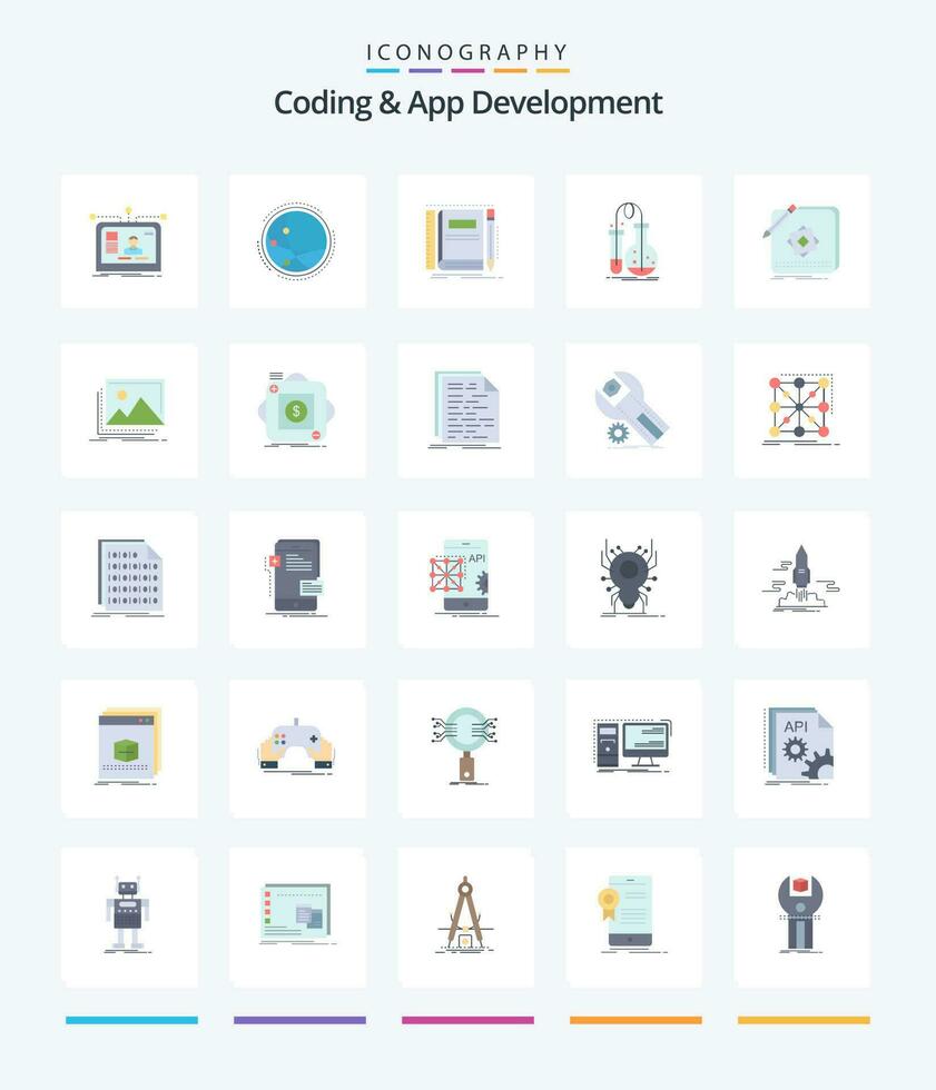 Creative Coding And App Development 25 Flat icon pack  Such As flask. testing. internet. sketching. notepad vector