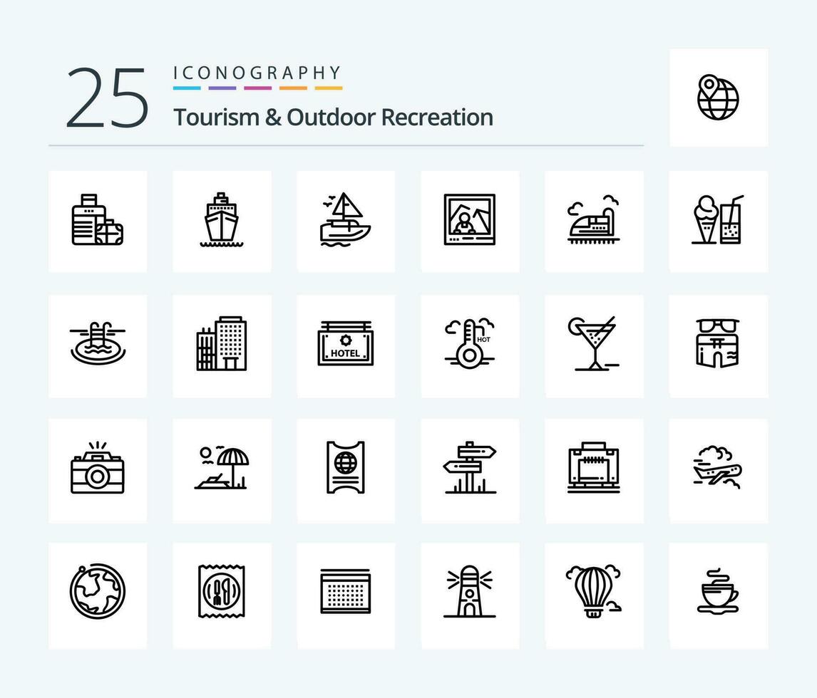 Tourism And Outdoor Recreation 25 Line icon pack including ice cream. speed. picture. high. bullet vector
