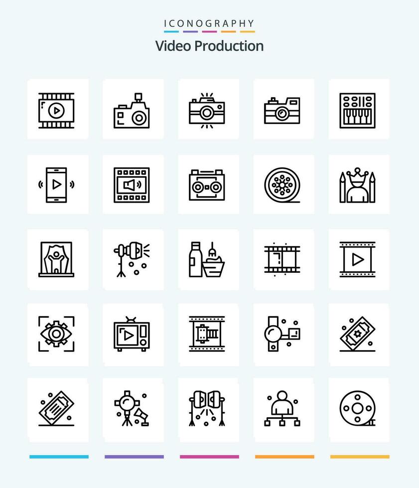 Creative Video Production 25 OutLine icon pack  Such As photography. antique camera. photographer. vintage camera. photography vector