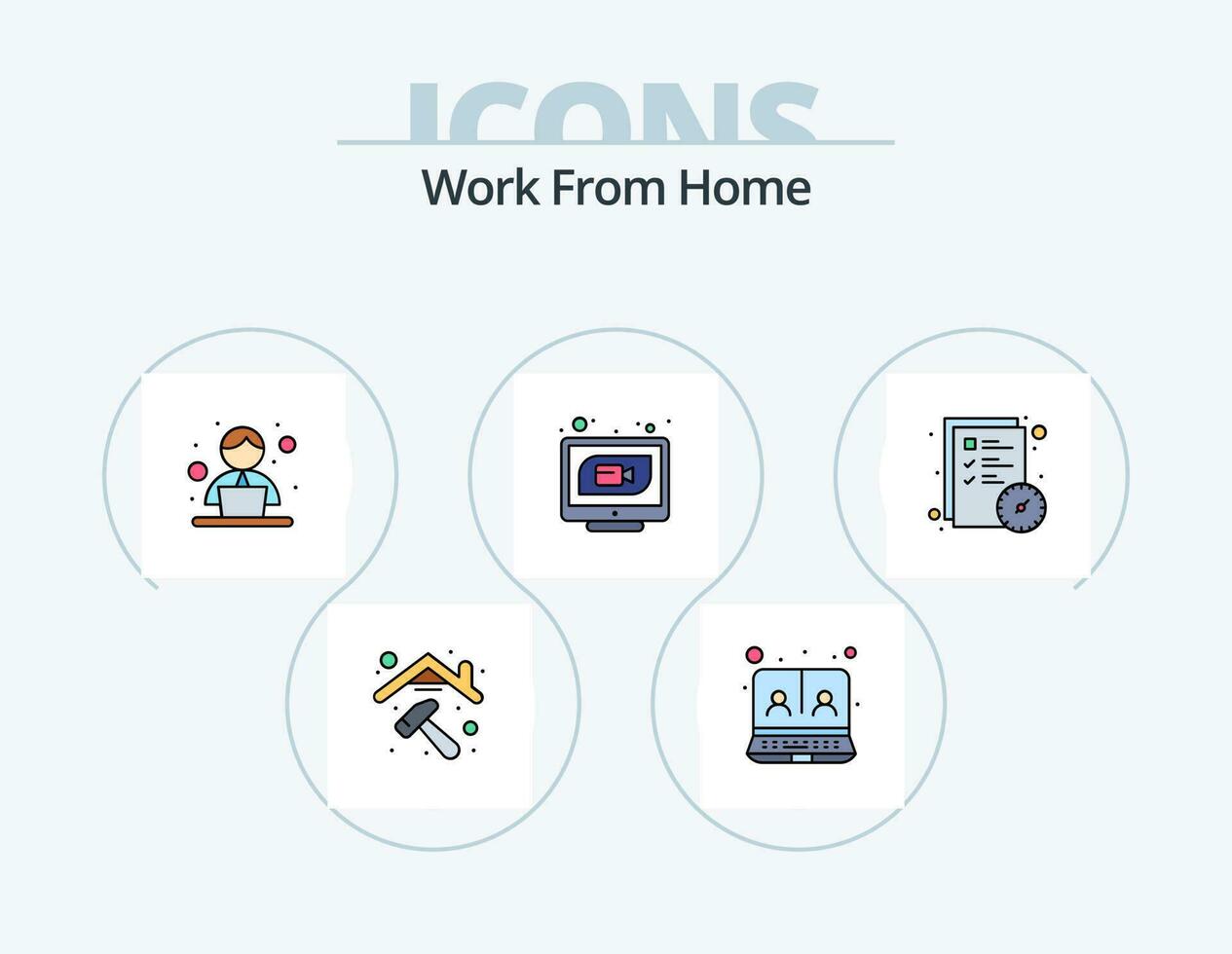 Work From Home Line Filled Icon Pack 5 Icon Design. chair. renovation. file sharing. home repair. working vector