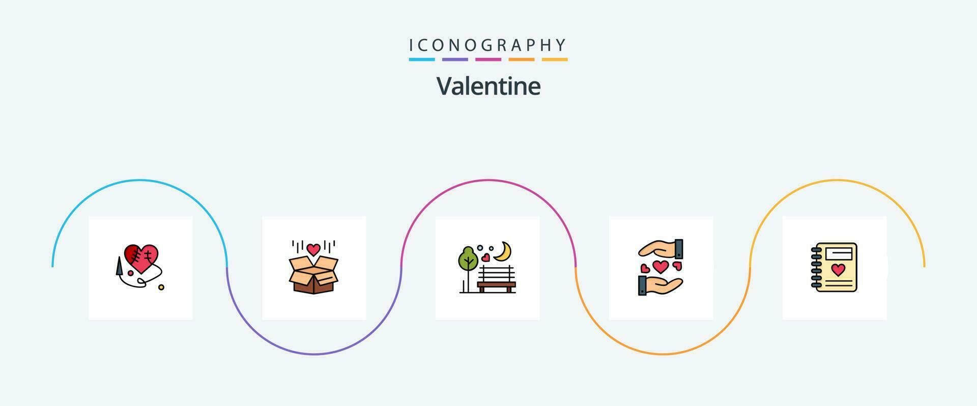 Valentine Line Filled Flat 5 Icon Pack Including notebook. heart. night. sharing. park vector