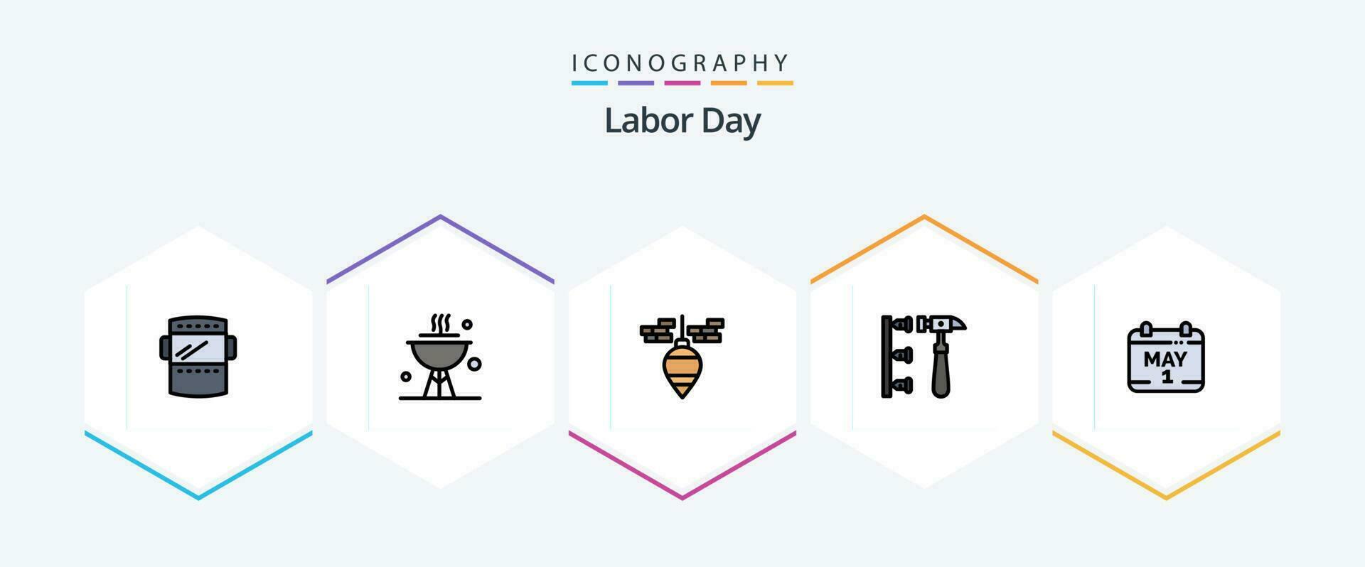 Labor Day 25 FilledLine icon pack including calendar. hammer. dinner. erroneously. tool vector