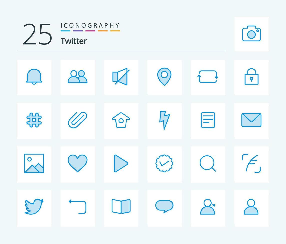 Twitter 25 Blue Color icon pack including sets. front. off. back. location vector