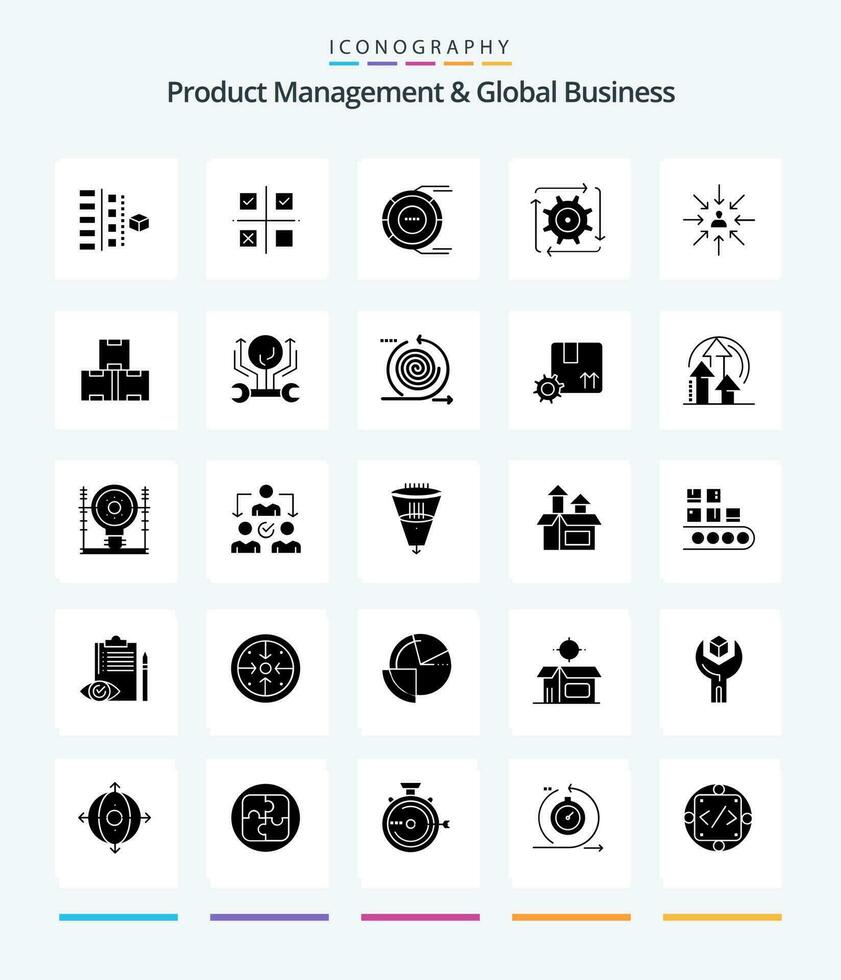 Creative Product Managment And Global Business 25 Glyph Solid Black icon pack  Such As development. workflow. product. resource. diagram vector