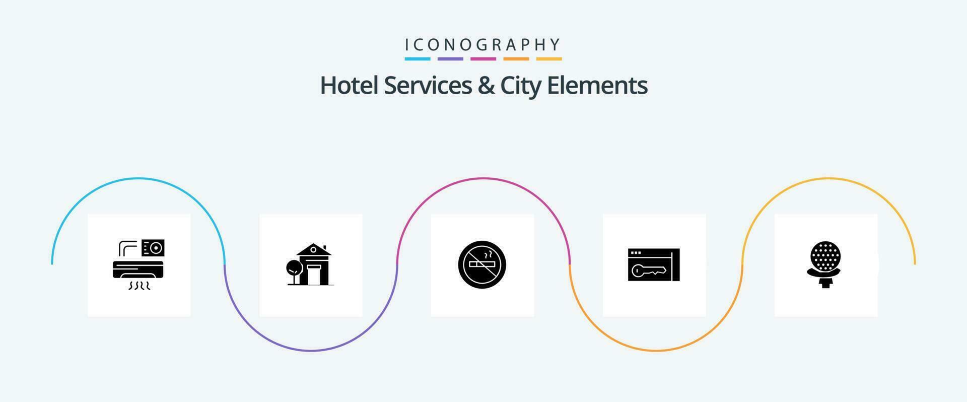 hotel servicios y ciudad elementos glifo 5 5 icono paquete incluso deporte. habitación. No Fumar. llave. navegador vector