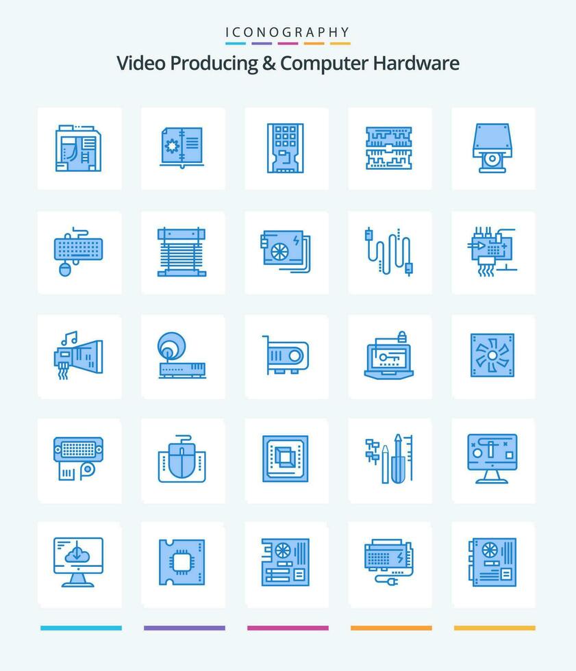 creativo vídeo productor y computadora hardware 25 azul icono paquete tal como DVD. computadora. disco. componente. ssd vector