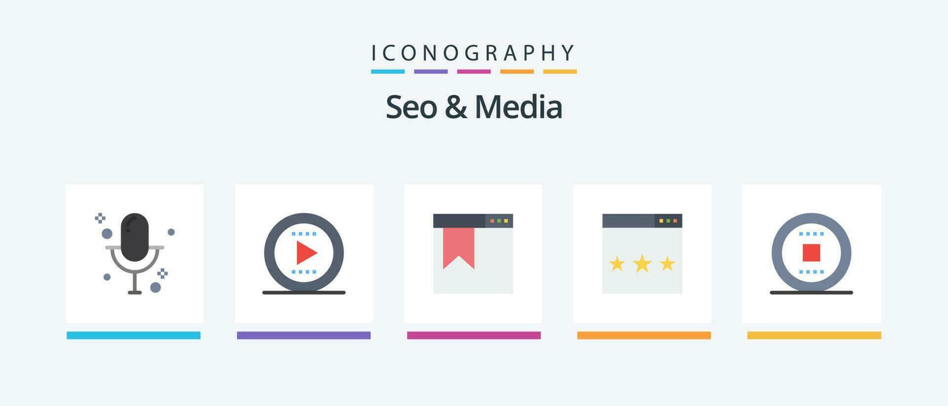 Seo and Media Flat 5 Icon Pack Including media. search. browser. ranking. media. Creative Icons Design vector
