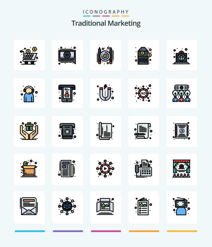 creativo tradicional márketing 25 línea lleno icono paquete tal como real. oferta. artículos. etiqueta. código de barras vector