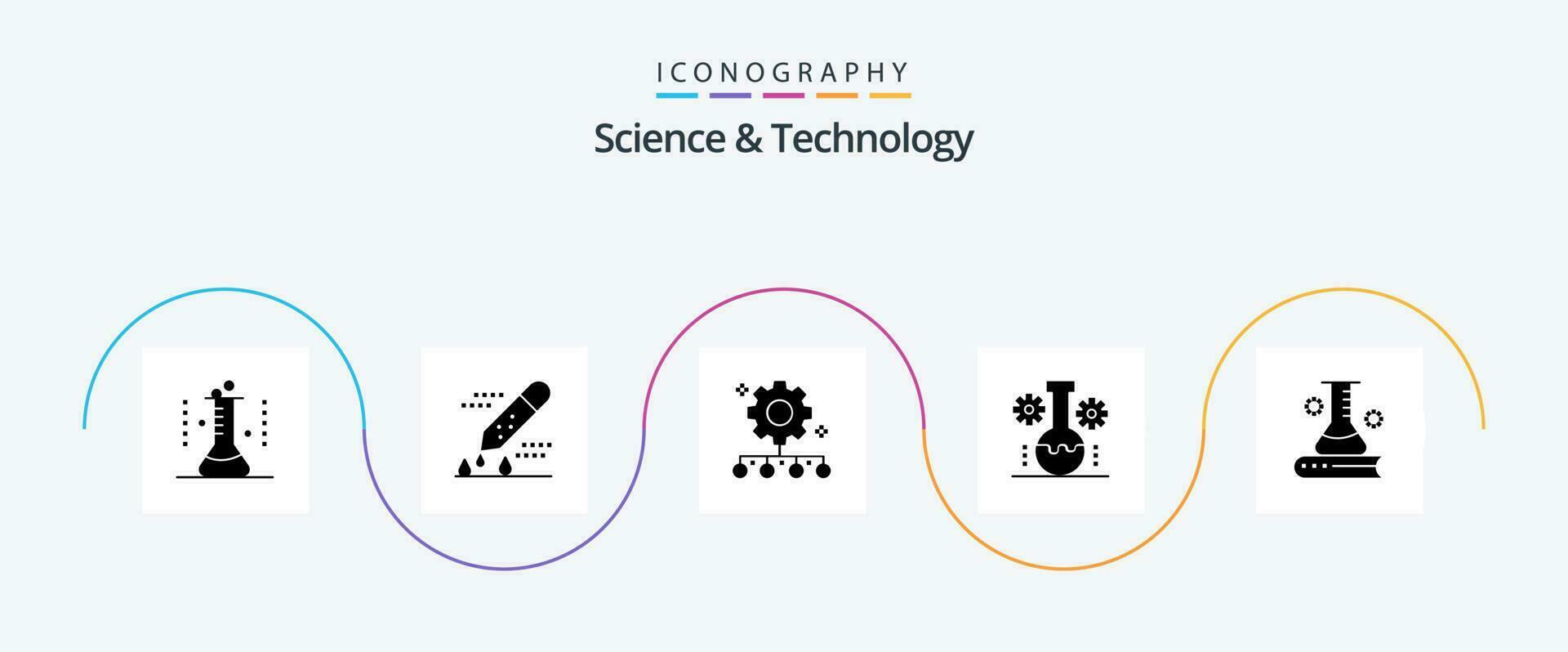 Science And Technology Glyph 5 Icon Pack Including lab management. bear lab. pipette dropper. work plan. team performance vector