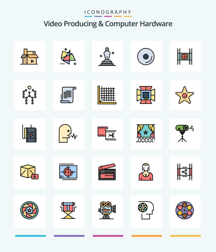 creativo vídeo productor y computadora hardware 25 línea lleno icono paquete tal como medios de comunicación. disco. movimiento. trofeo. oscar vector