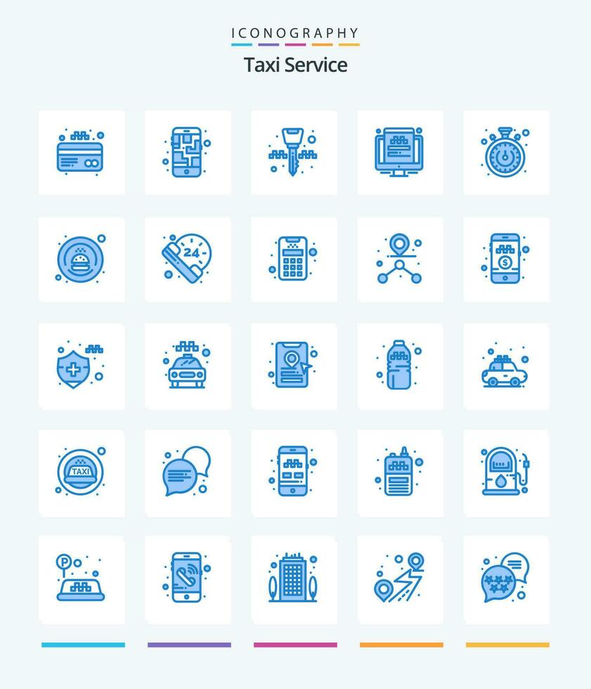 Creative Taxi Service 25 Blue icon pack  Such As timer. stopwatch. ignition key. screen. traveling vector