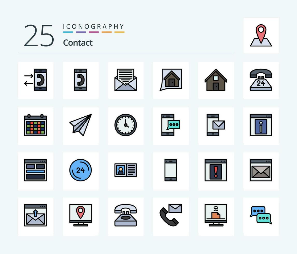 Contact 25 Line Filled icon pack including communication. anytime. envelope. home. conversation vector