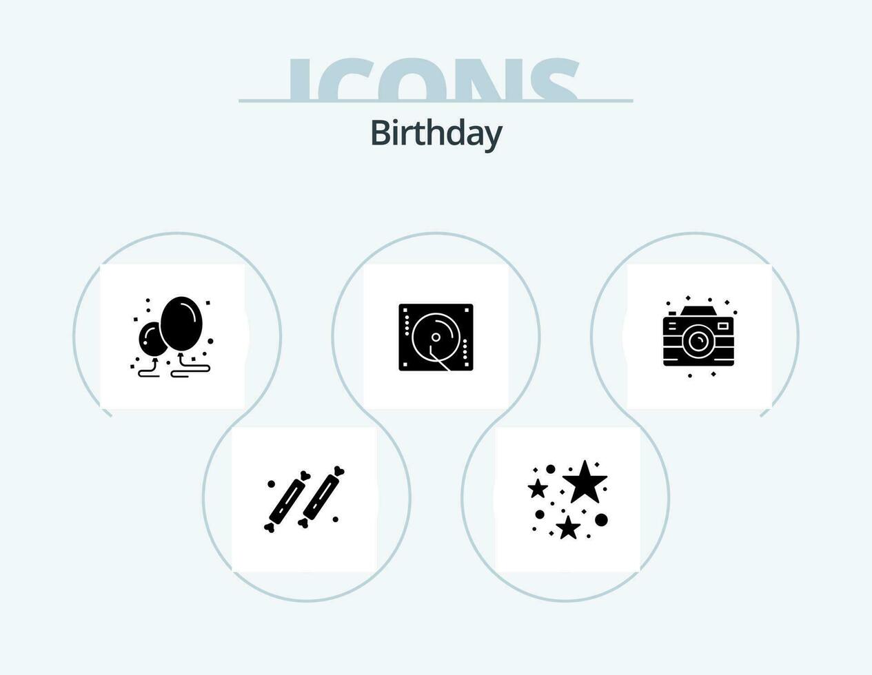 Birthday Glyph Icon Pack 5 Icon Design. camera. party. balloon. music. birthday vector