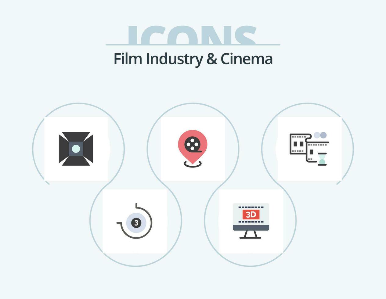 Cenima Flat Icon Pack 5 Icon Design. . film stip. highlight. film reel. location vector