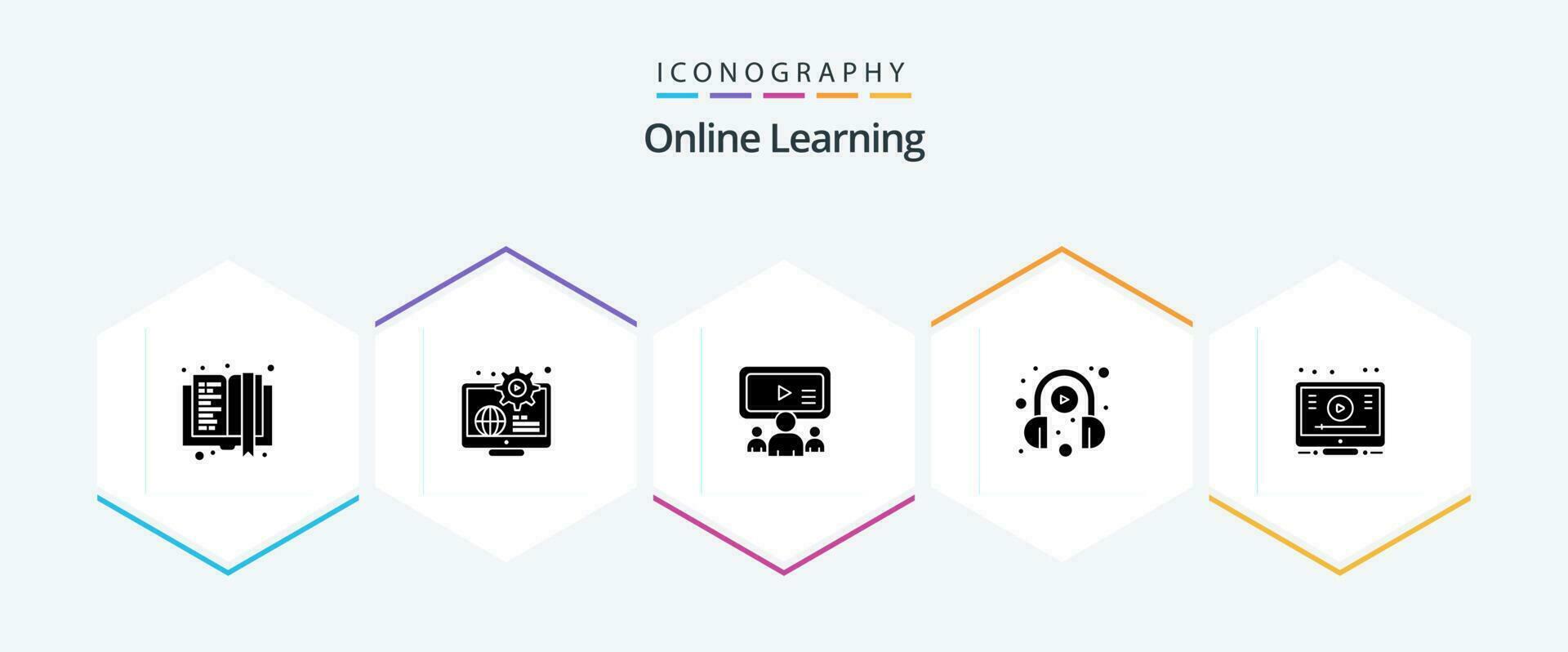 Online Learning 25 Glyph icon pack including learn. learning. learn. headphone. user vector