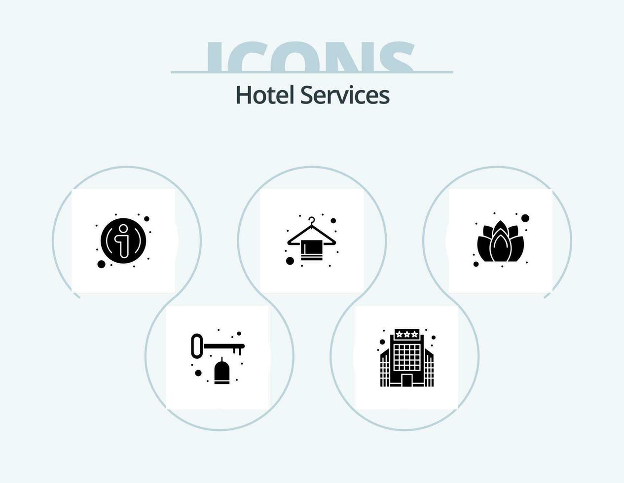 hotel servicios glifo icono paquete 5 5 icono diseño. jabón. toalla. escritorio. baño. percha vector