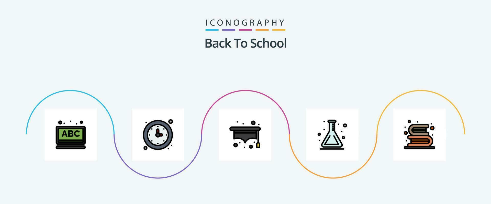 Back To School Line Filled Flat 5 Icon Pack Including books. back to school. watch. flask. school vector