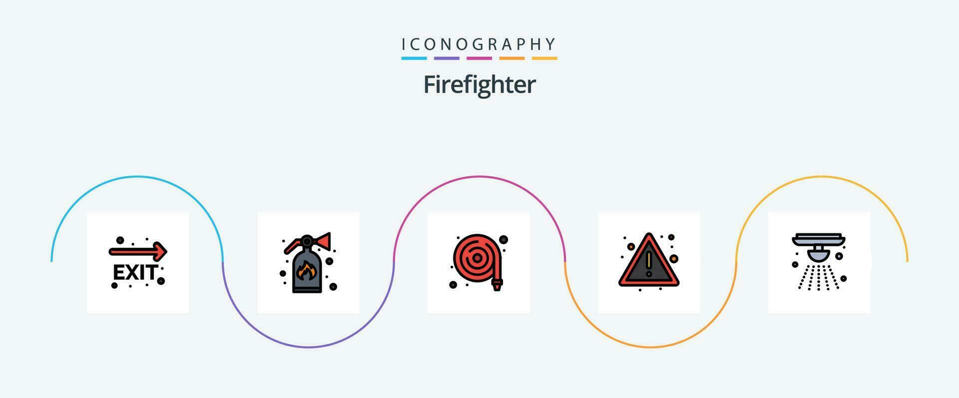 Firefighter Line Filled Flat 5 Icon Pack Including bell. alarm. hose. sign. fire vector