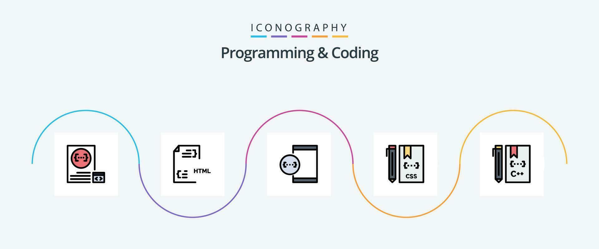 Programming And Coding Line Filled Flat 5 Icon Pack Including css. code. file. device. develop vector