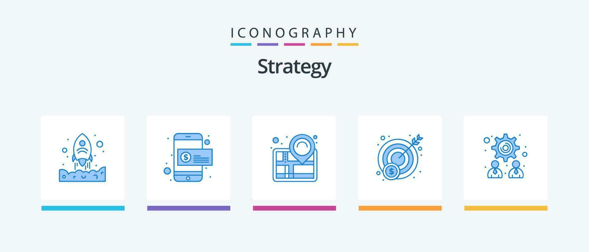estrategia azul 5 5 icono paquete incluso trabajo en equipo. gestión. mapa. objetivo. dinero. creativo íconos diseño vector