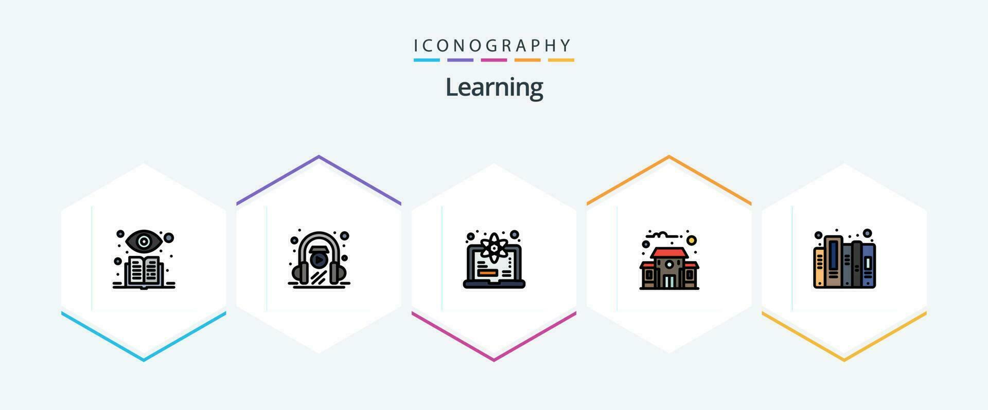 Learning 25 FilledLine icon pack including files. data. degree. history. education building vector